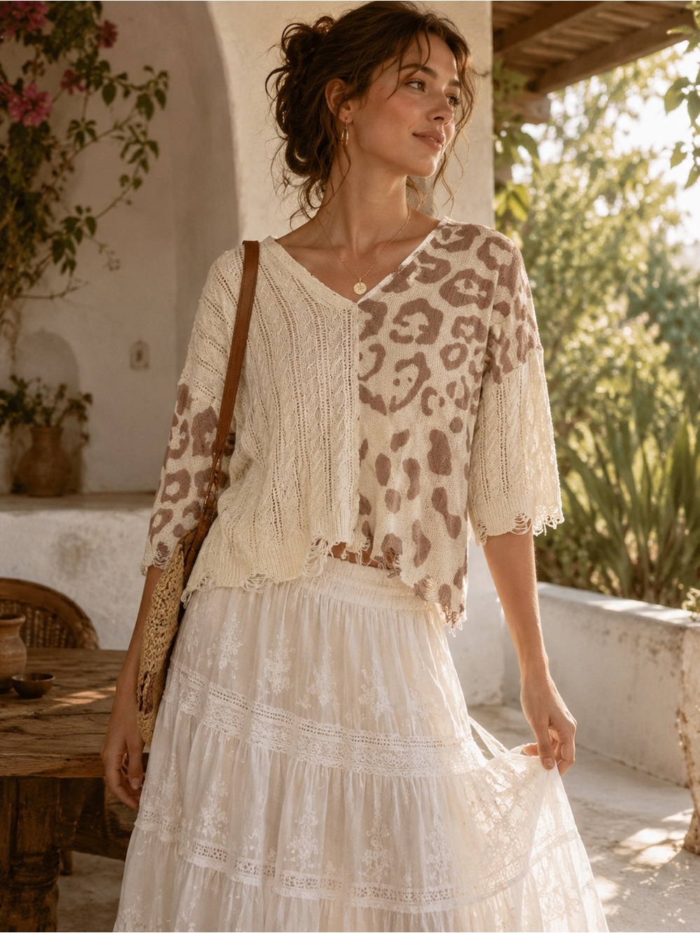 POL Cream Knit Top Subtle Texture Distressing boho festival - Picture 1 of 7
